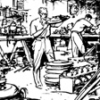 A sketch of the shed at Mortlake showing production of Victa mowers. Sketch by Robert Emerson Curtis. Courtesy Victa.